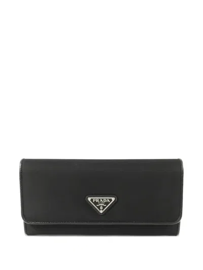 Pre-owned Prada Saffiano Long Leather-trim Wallet In Black