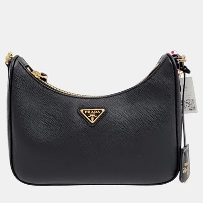 Pre-owned Prada Saffiano Lux Chain Hobo Bag In Black