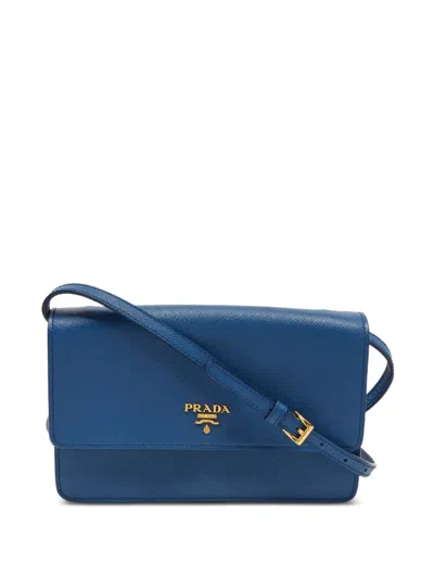 Pre-owned Prada Saffiano Lux Flap Wallet On Chain In Blue