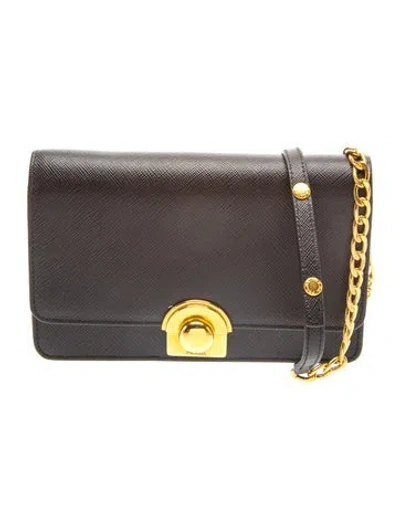 Pre-owned Prada Saffiano Lux Leather Arcade Wallet On Chain In Black