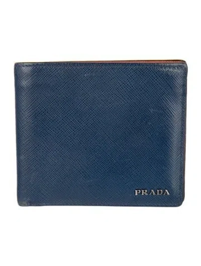 Pre-owned Prada Saffiano Lux Leather Bifold Wallet In Blue