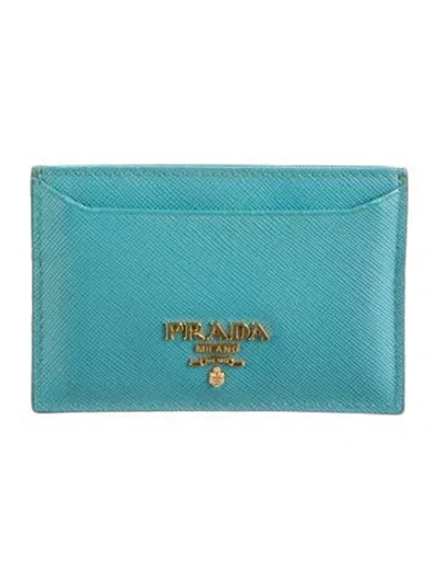 Pre-owned Prada Saffiano Lux Leather Card Holder In Blue
