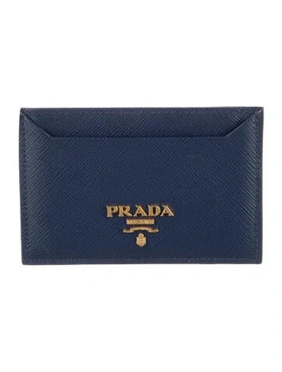 Pre-owned Prada Saffiano Lux Leather Card Holder In Blue