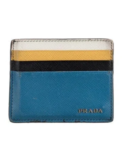 Pre-owned Prada Saffiano Lux Leather Card Holder In Blue