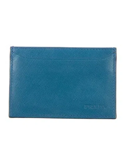 Pre-owned Prada Saffiano Lux Leather Card Holder In Blue