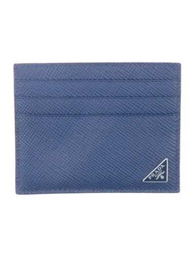 Pre-owned Prada Saffiano Lux Leather Card Holder In Blue