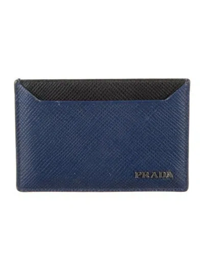 Pre-owned Prada Saffiano Lux Leather Card Holder In Blue