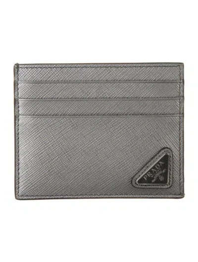 Pre-owned Prada Saffiano Lux Leather Card Holder In Gray