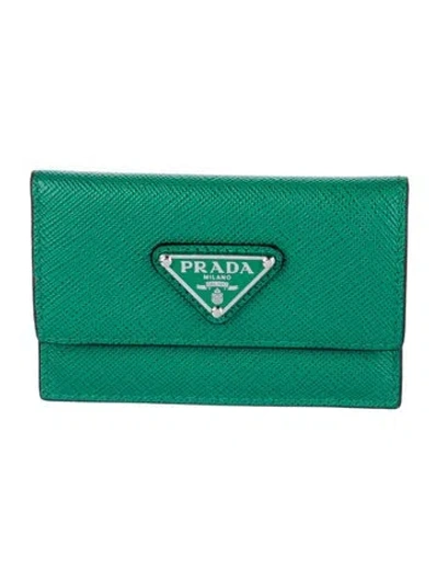 Pre-owned Prada Saffiano Lux Leather Card Holder In Green