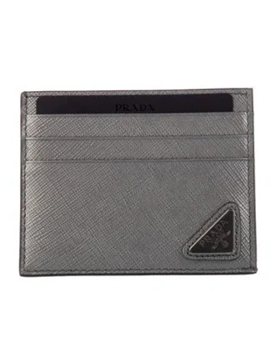 Pre-owned Prada Saffiano Lux Leather Card Holder In Silver