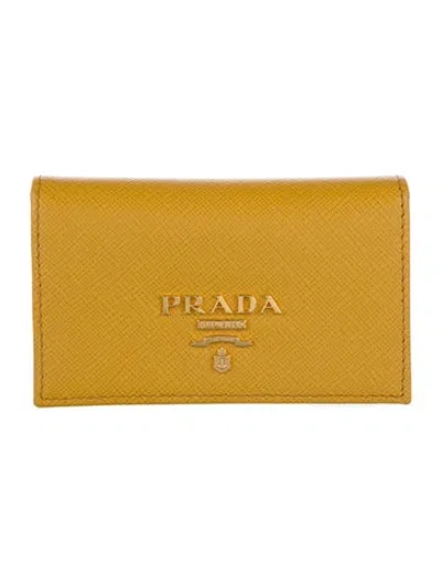 Pre-owned Prada Saffiano Lux Leather Card Holder In Yellow