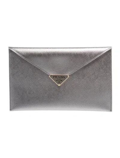 Pre-owned Prada Saffiano Lux Leather Clutch In Grey/silver