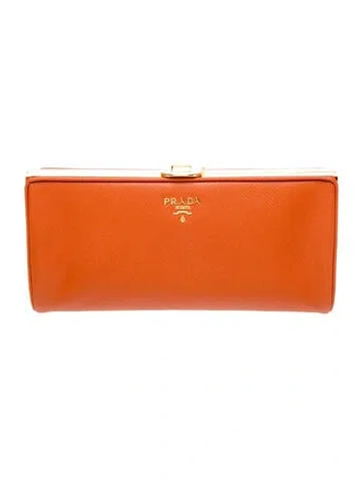 Pre-owned Prada Saffiano Lux Leather Clutch Small In Orange