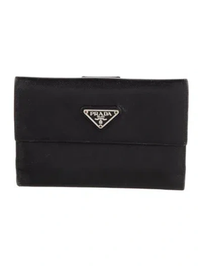 Pre-owned Prada Saffiano Lux Leather Compact Wallet In Black