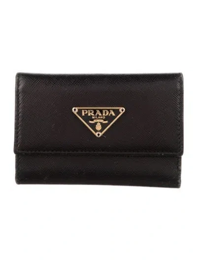 Pre-owned Prada Saffiano Lux Leather Compact Wallet In Black