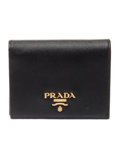 Pre-owned Prada Saffiano Lux Leather Compact Wallet In Black