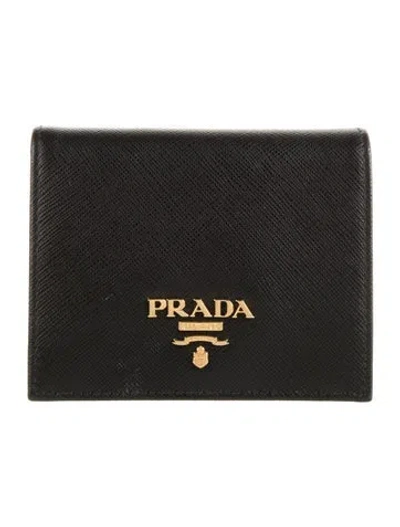Pre-owned Prada Saffiano Lux Leather Compact Wallet In Black