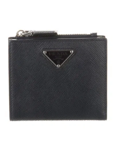 Pre-owned Prada Saffiano Lux Leather Compact Wallet In Blue