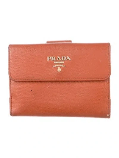 Pre-owned Prada Saffiano Lux Leather Compact Wallet In Brown