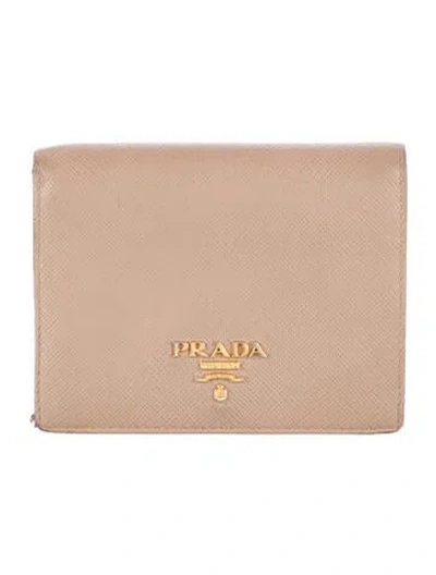 Pre-owned Prada Saffiano Lux Leather Compact Wallet In Neutrals