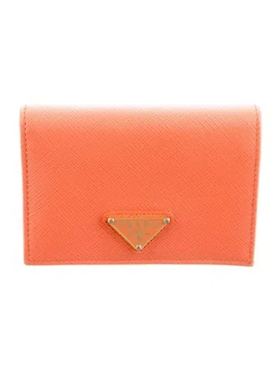 Pre-owned Prada Saffiano Lux Leather Compact Wallet In Orange