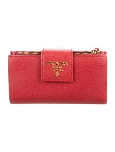 Pre-owned Prada Saffiano Lux Leather Compact Wallet In Red