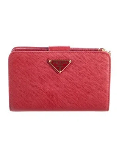 Pre-owned Prada Saffiano Lux Leather Compact Wallet In Red