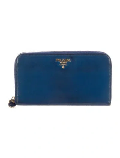 Pre-owned Prada Saffiano Lux Leather Continental Wallet In Blue