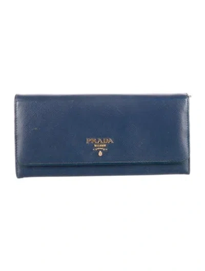 Pre-owned Prada Saffiano Lux Leather Continental Wallet In Blue