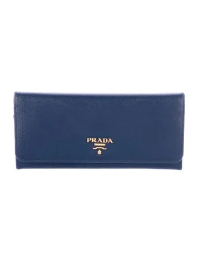 Pre-owned Prada Saffiano Lux Leather Continental Wallet In Blue