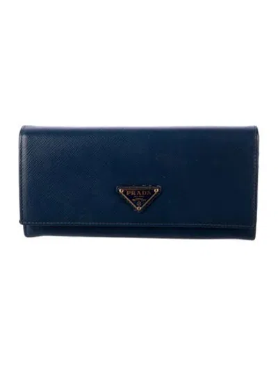 Pre-owned Prada Saffiano Lux Leather Continental Wallet In Blue