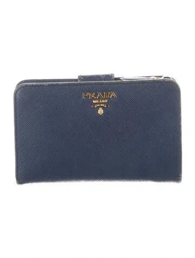 Pre-owned Prada Saffiano Lux Leather French Purse In Blue