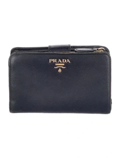 Pre-owned Prada Saffiano Lux Leather French Purse In Blue