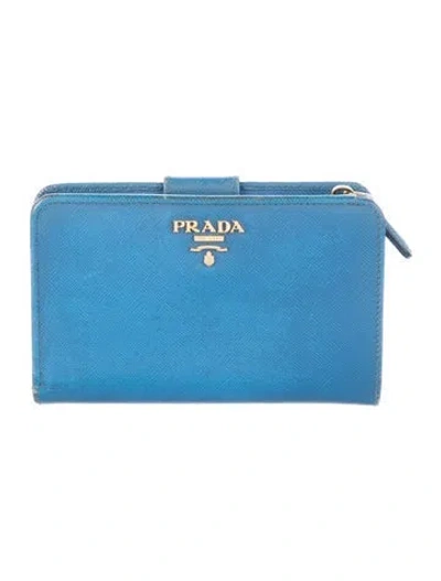 Pre-owned Prada Saffiano Lux Leather French Purse In Blue