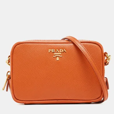 Prada Saffiano Lux Leather Mini Top Zip Camera Bag In Orange