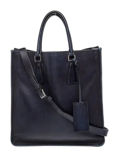 Pre-owned Prada Saffiano Lux Leather North South Tote Bag In Blue