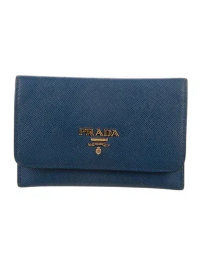 Pre-owned Prada Saffiano Lux Leather Trifold Wallet In Blue