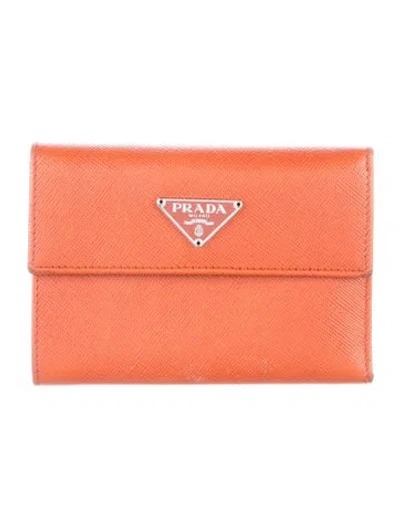 Pre-owned Prada Saffiano Lux Leather Trifold Wallet In Orange