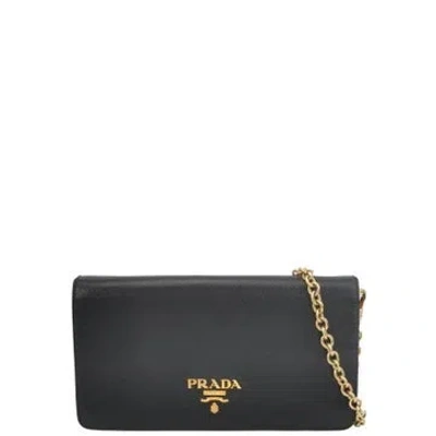 Pre-owned Prada Saffiano Lux Leather Wallet On Chain In Black