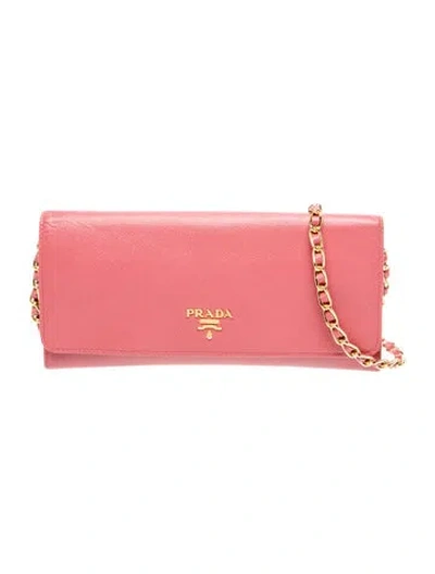 Pre-owned Prada Saffiano Lux Leather Wallet On Chain In Pink