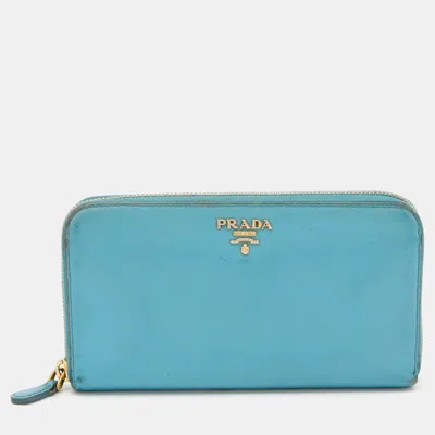 Prada Saffiano Lux Leather Zip Around Wallet In Blue