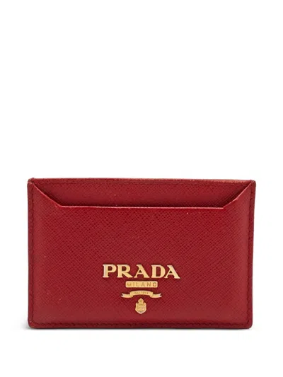 Pre-owned Prada Saffiano Lux Logo Card Case In Red