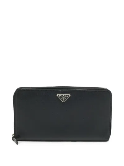 Pre-owned Prada Saffiano Lux Zip-around Wallet In Black