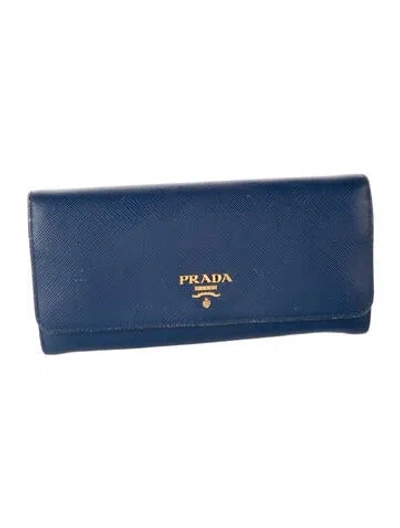 Pre-owned Prada Saffiano Metal Leather Bifold Wallet In Blue