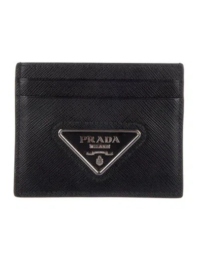 Pre-owned Prada Saffiano Metal Leather Card Holder In Black