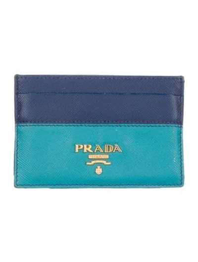 Pre-owned Prada Saffiano Metal Leather Card Holder In Blue