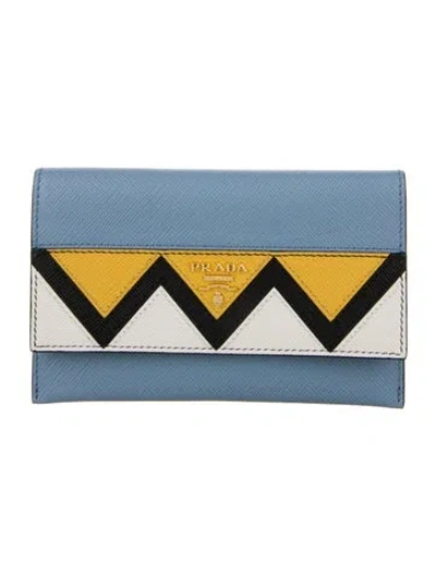 Pre-owned Prada Saffiano Metal Leather Card Holder In Blue