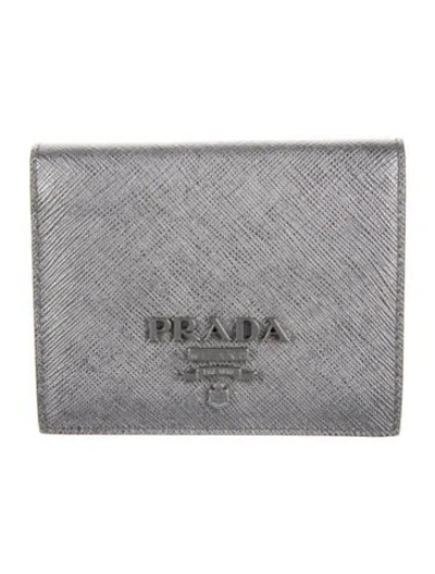 Pre-owned Prada Saffiano Metal Leather Card Holder In Metallic/silver