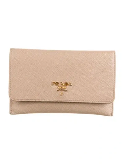 Pre-owned Prada Saffiano Metal Leather Card Holder In Neutral