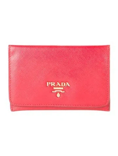 Pre-owned Prada Saffiano Metal Leather Card Holder In Red
